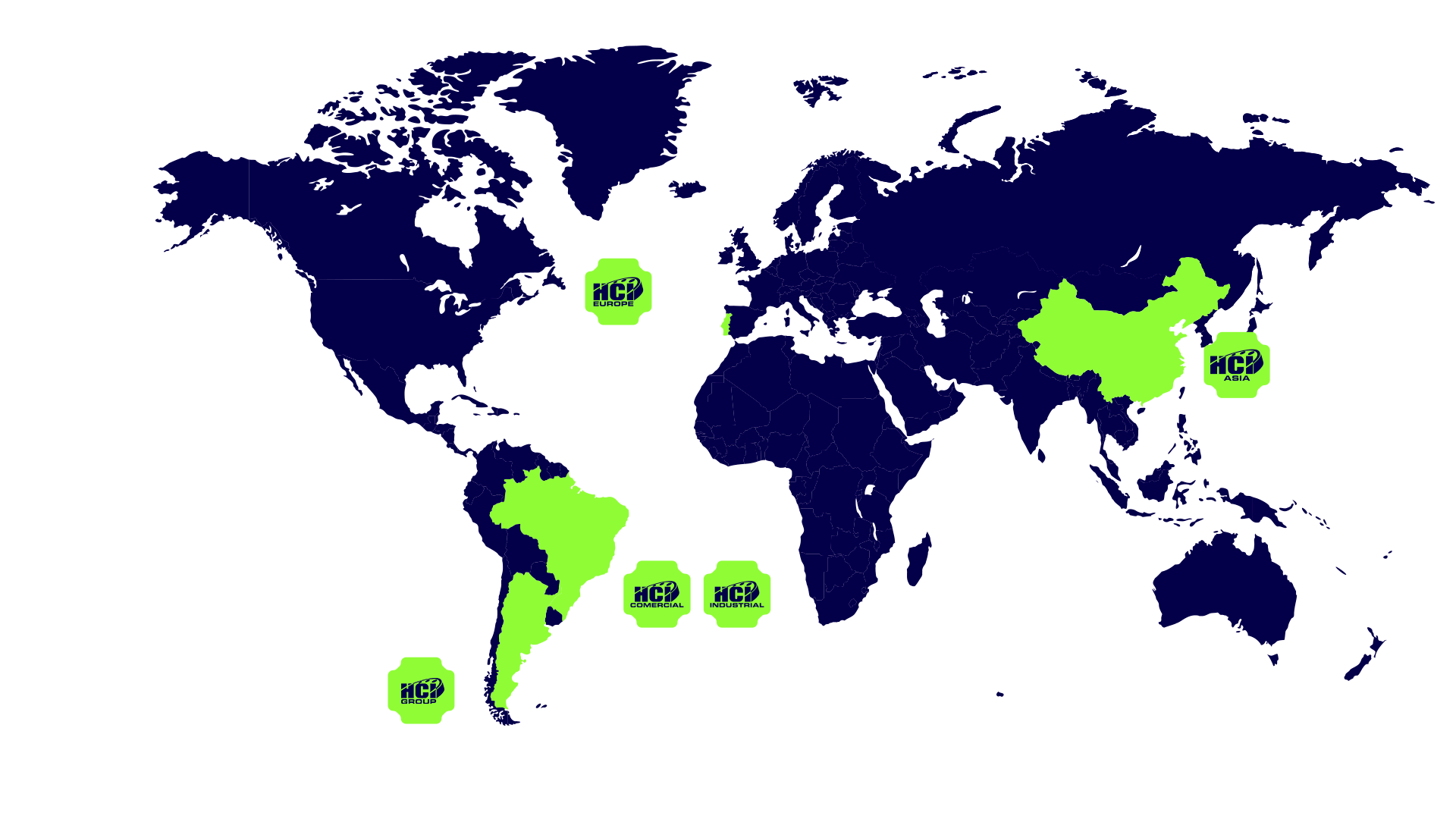 Mapa global de presença HCI: Brasil, China, Portugal e Argentina